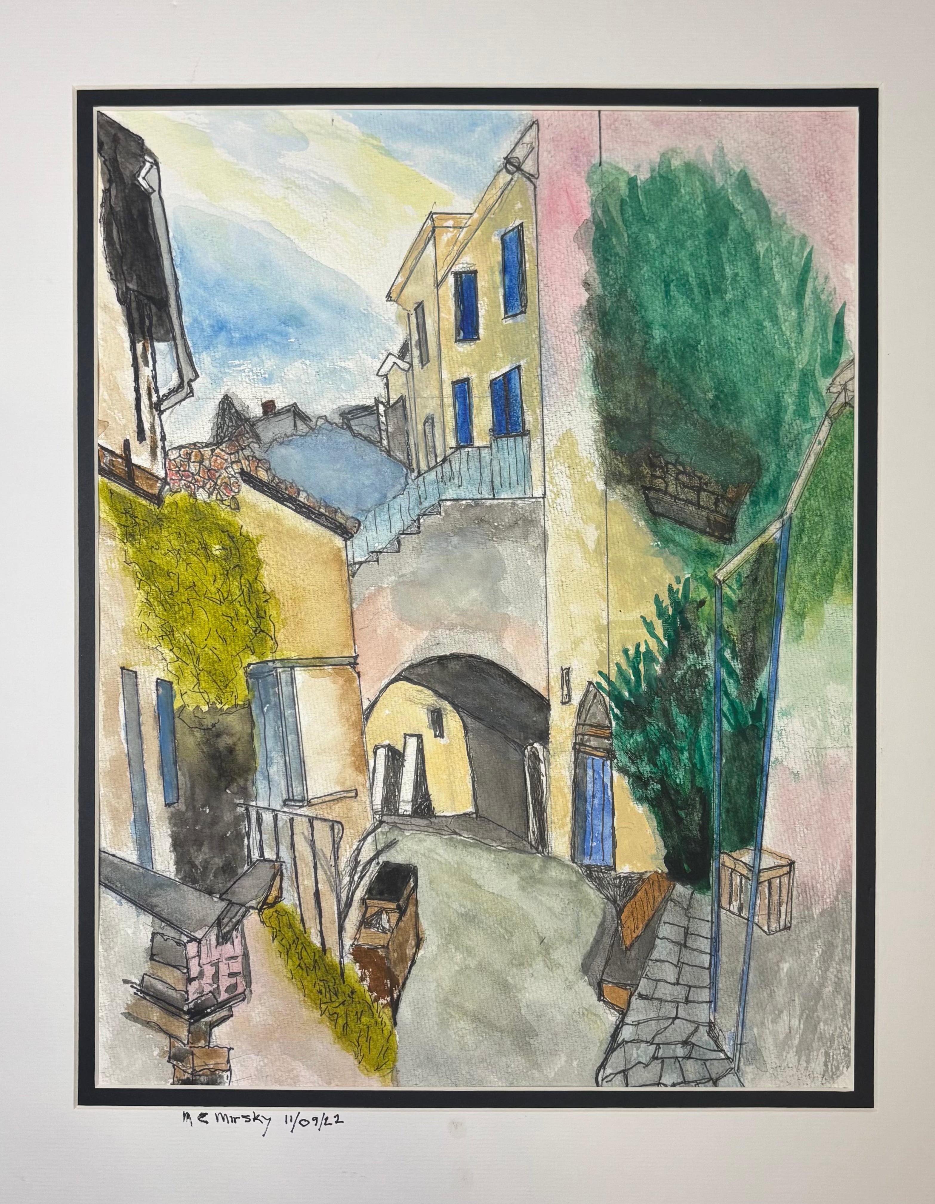 Artistic depiction of a street scene with buildings and trees, signed by M.E. Mirsky